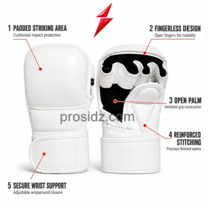 Contact us for MMA Sparring Gloves featuring a black open palm, white finger channels and padded thumb panel