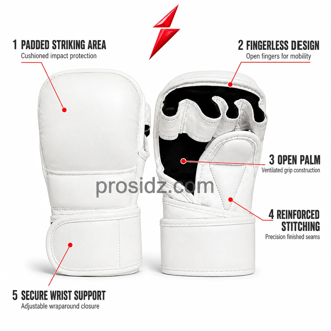 mma-sparring-gloves-white-psi-front-palm Contact us for MMA Sparring Gloves featuring a black open palm, white finger channels and padded thumb panel