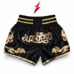 muay thai shorts manufacturer black satin front with gold thai artwork psi prosidz industries
