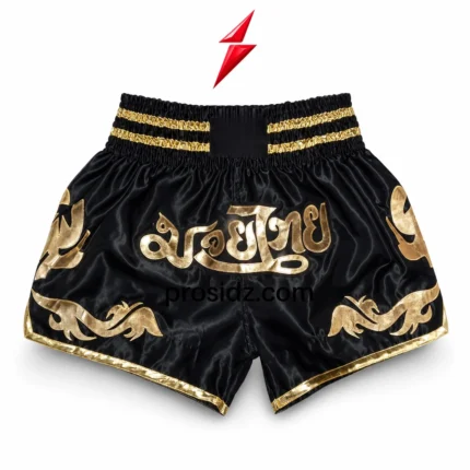 muay thai shorts manufacturer black satin front with gold thai artwork psi prosidz industries