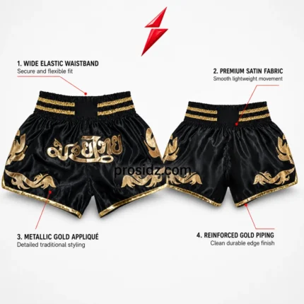 muay thai shorts manufacturer metallic gold central applique on black satin psi prosidz industries