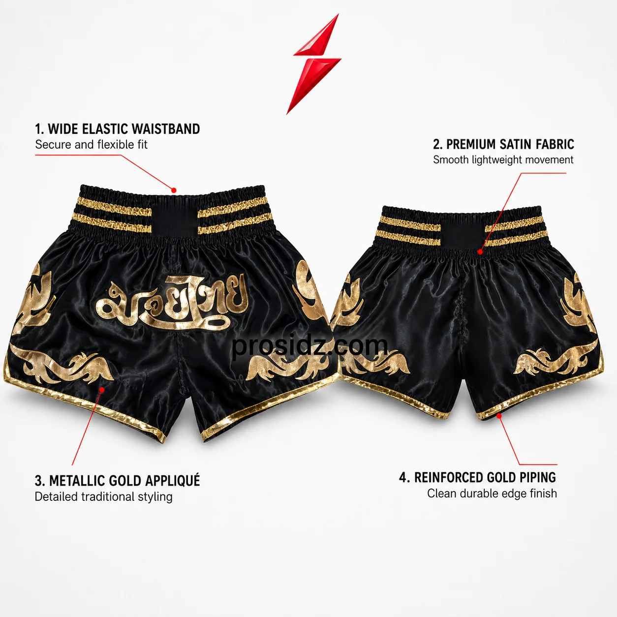 muay-thai-shorts-manufacturer-gold-applique-psi-prosidz-industries muay thai shorts manufacturer metallic gold central applique on black satin psi prosidz industries