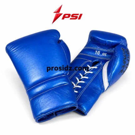 Pearl Leather Boxing Gloves in royal blue with 16 oz marking, white stitching, PSI and Prosidz Industries branding