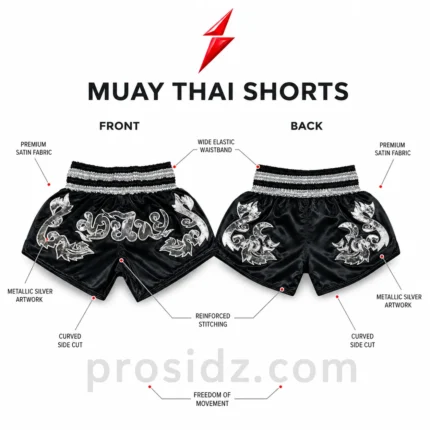 Private Label Muay Thai Shorts back view with silver side graphics by PSI Prosidz Industries