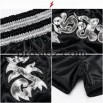 Private Label Muay Thai Shorts front view in black satin with silver artwork by PSI Prosidz Industries