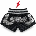 Private Label Muay Thai Shorts metallic silver artwork on black satin by PSI Prosidz Industries