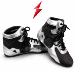 PSI Bulk Boxing Shoes Supplier product in metallic silver and black with a padded high-top collar and Prosidz Industries branding.
