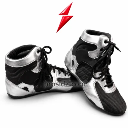 PSI Bulk Boxing Shoes Supplier product in metallic silver and black with a padded high-top collar and Prosidz Industries branding.