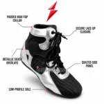PSI Bulk Boxing Shoes Supplier image showing the black diamond-quilted side panel, silver stitching, and Prosidz Industries branding.