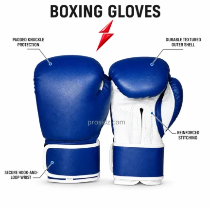 prosidz industries Custom Boxing Gloves in Bulk showing the white stitched palm, blue thumb, ventilation opening, and wrist cuff.