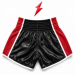 Prosidz Industries Custom Muay Thai Shorts Wholesale back view with black satin body and red mesh side panels