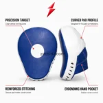 Prosidz Industries MMA focus mitts front view with blue surface, white target and stitched piping