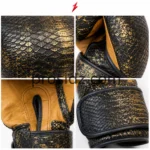 Prosdiz Industries Snake Boxing Gloves with black-and-gold wrist strap, piping and visible stitching