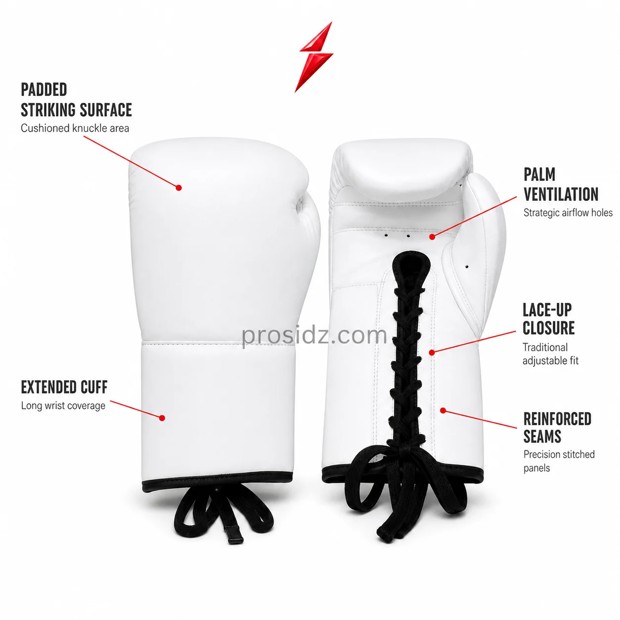 prosidz-lace-up-boxing-gloves-product-features PROSIDZ Lace Up Boxing Gloves Wholesale with five product feature callouts