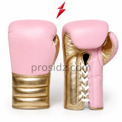 PROSDIZ Luxury Boxing Gloves featuring soft pink leather finish with metallic gold accents.