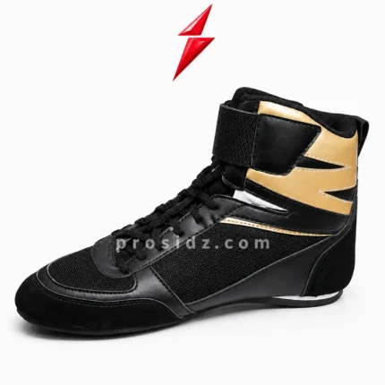 Prosidz Industries Professional Boxing Shoes showing a wide black ankle strap, gold panels, and contrasting white stitching.