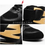 Prosidz Industries four-grid image of Professional Boxing Shoes showing mesh, ankle strap, gold panels, stitching, and reinforced toe.
