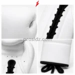 PROSIDZ white lace-up boxing gloves with four close-up construction details