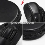 Wholesale Boxing Focus Mitts four-grid image showing black surface texture, panel stitching, piping, lacing, PSI logo, and Prosidz Industries branding.