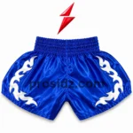 Prosidz Industries Wholesale Muay Thai Shorts rear view showing blue satin panels, white side flames, and a gathered PSI waistband.
