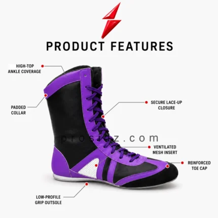 PSI Boxing Boots Exporter black padded ankle collar with purple trim by Prosidz Industries