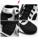 Prosidz Industries four-grid Bulk Boxing Shoes Supplier image showing the silver collar, black laces, quilted panel, and stitched toe.