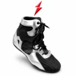 Prosidz Industries Bulk Boxing Shoes Supplier close-up showing black laces, round eyelets, silver overlays, and PSI branding.