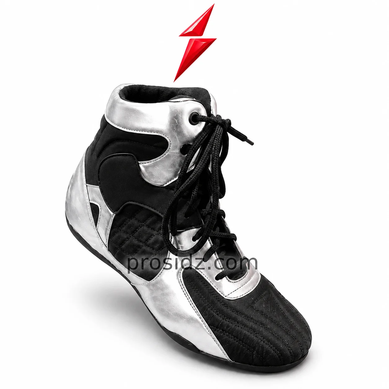 psi-bulk-boxing-shoes-supplier-silver-black-view Prosidz Industries Bulk Boxing Shoes Supplier close-up showing black laces, round eyelets, silver overlays, and PSI branding.