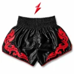 PSI Bulk Muay Thai Shorts Supplier black satin rear view with red side graphics by Prosidz Industries