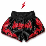 PSI Bulk Muay Thai Shorts Supplier black and red satin front view by Prosidz Industries