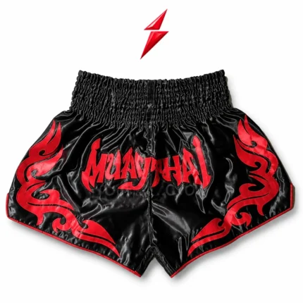 PSI Bulk Muay Thai Shorts Supplier black and red satin front view by Prosidz Industries