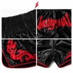 PSI Bulk Muay Thai Shorts Supplier red appliqué lettering on black satin by Prosidz Industries