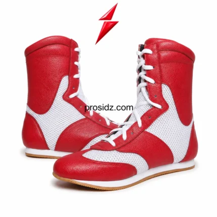 Custom Boxing Footwear in red and white with PSI and prosidz industries branding