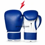 PSI Custom Boxing Gloves in Bulk with royal-blue textured front, white cuff piping, reinforced seams, and red logo placement.