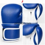 PSI Custom Boxing Gloves in Bulk featuring a blue hook-and-loop wrist closure, white piping, and precise edge stitching.