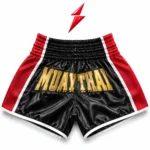 PSI Custom Muay Thai Shorts Wholesale in black satin with red mesh panels and gold front lettering