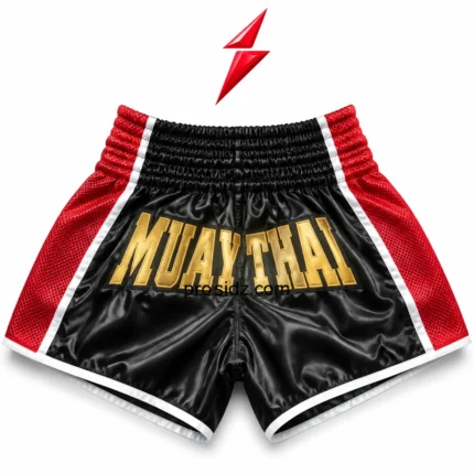PSI Custom Muay Thai Shorts Wholesale in black satin with red mesh panels and gold front lettering