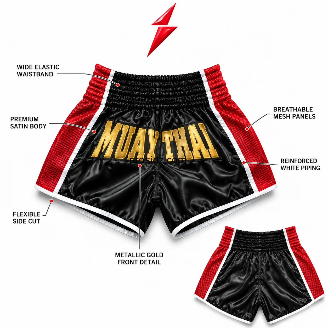 psi-custom-muay-thai-shorts-wholesale-waistband-detail PSI Custom Muay Thai Shorts Wholesale with wide black elastic waistband and red gathered side sections