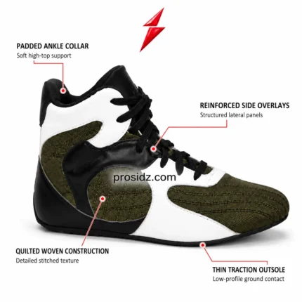 PSI High-Top Boxing Shoes black lace closure and white stitched eyestay by Prosidz Industries