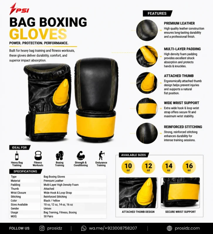 PSI professional Bag Boxing Gloves front and back view with black yellow color combination