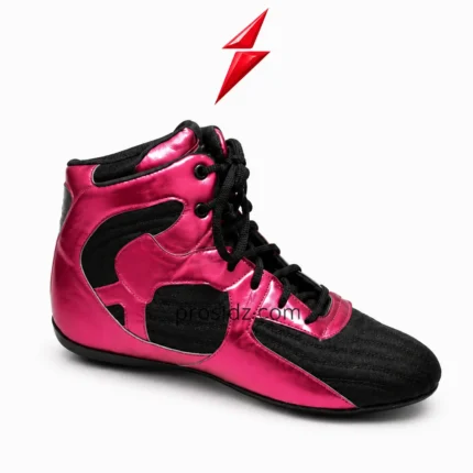 PSI OEM black boxing shoes with black textile panels and metallic magenta overlays