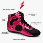 PSI OEM black boxing shoes with curved metallic panels and reinforced visible stitching