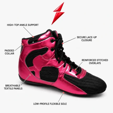 PSI OEM black boxing shoes with curved metallic panels and reinforced visible stitching