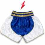 PSI OEM Muay Thai Shorts Manufacturer blue white and gold satin shorts front view