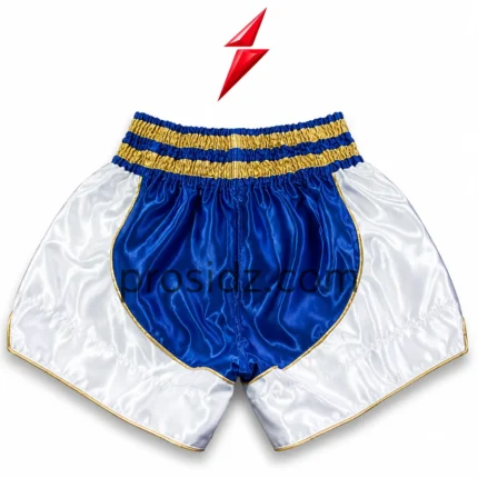 PSI OEM Muay Thai Shorts Manufacturer blue white and gold satin shorts front view