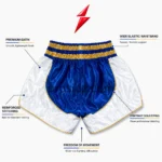 PSI OEM Muay Thai Shorts Manufacturer blue and gold elastic waistband detail