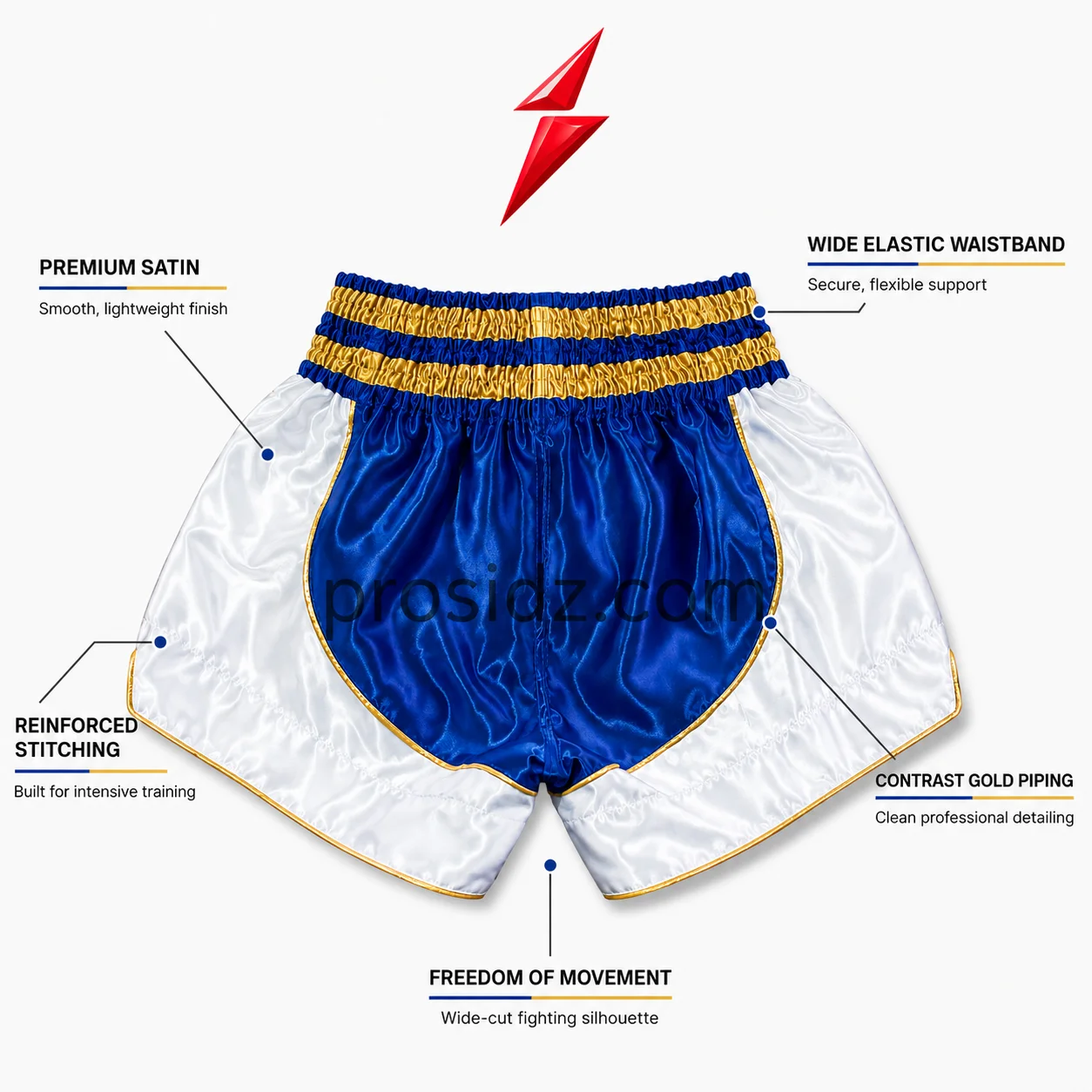 psi-oem-muay-thai-shorts-manufacturer-waistband-detail PSI OEM Muay Thai Shorts Manufacturer blue and gold elastic waistband detail