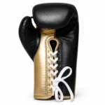 PSI Premium Boxing Gloves with metallic gold wrist panel and black leather surface by prosidz industries