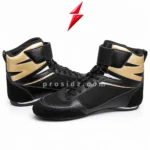 PSI Professional Boxing Shoes in black and gold with mesh side panels, a high-top ankle, and Prosidz Industries branding.