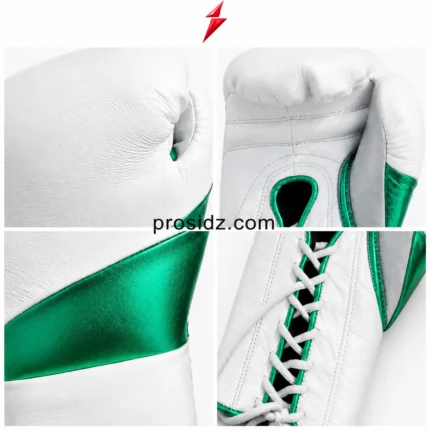 PSI Prosidz Industries boxing gloves for men in white and metallic green with padded knuckle design